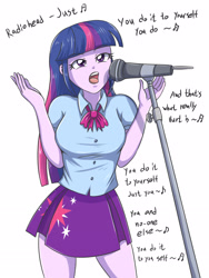 Size: 1719x2283 | Tagged: safe, artist:sumin6301, character:twilight sparkle, my little pony:equestria girls, clothing, female, just, microphone, microphone stand, music notes, radiohead, singing, skirt, solo, song reference