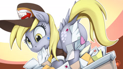 Size: 1920x1080 | Tagged: safe, artist:mysticalpha, character:derpy hooves, species:pegasus, species:pony, abstract background, butt, clothing, dock, female, hat, letter, mail, mailmare, mailmare hat, mare, mouth hold, plot, rear view, solo, stamp, strategically covered, wavy mouth