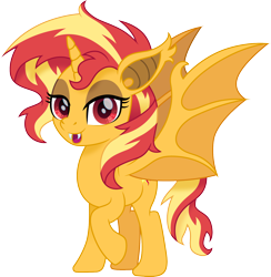 Size: 1500x1535 | Tagged: safe, artist:cloudyglow, character:sunset shimmer, species:alicorn, species:bat pony, species:pony, alicornified, bat ponified, bat pony alicorn, fangs, female, mare, race swap, shimmerbat, shimmercorn, simple background, slit eyes, smiling, solo, transparent background, vector
