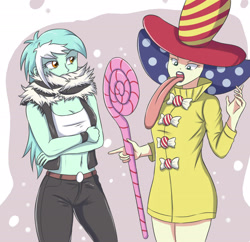 Size: 2362x2282 | Tagged: safe, artist:sumin6301, character:bon bon, character:lyra heartstrings, character:sweetie drops, my little pony:equestria girls, anime, belly button, candy, charlotte katakuri, charlotte perospero, clothing, cosplay, costume, cute, female, food, lollipop, long tongue, midriff, one piece, tongue out