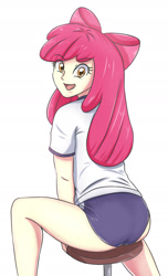 Size: 1306x2147 | Tagged: safe, artist:sumin6301, character:apple bloom, my little pony:equestria girls, apple bloom's bow, apple bloomers, bloom butt, bow, butt, clothing, eye clipping through hair, female, gym uniform, hair bow, looking at you, looking back, looking back at you, older, older apple bloom, open mouth, plot, simple background, smiling, solo, sports panties, white background