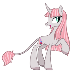 Size: 1230x1203 | Tagged: safe, artist:askbubblelee, oc, oc only, oc:rosie quartz, species:pony, species:unicorn, curved horn, female, horn, leonine tail, mare, raised hoof, show accurate, simple background, smiling, solo, transparent background