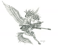 Size: 1400x1097 | Tagged: safe, artist:baron engel, oc, oc:crimson fist, species:pony, species:unicorn, fallout equestria, artificial wings, augmented, colored hooves, grayscale, gun, monochrome, pencil drawing, simple background, solo, traditional art, weapon, white background, wings