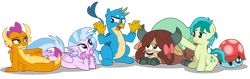 Size: 1592x502 | Tagged: safe, artist:aleximusprime, character:gallus, character:ocellus, character:sandbar, character:silverstream, character:smolder, character:yona, species:changeling, species:dragon, species:earth pony, species:griffon, species:hippogriff, species:pony, species:yak, chill, comforting, cute, diaocelles, diastreamies, gallabetes, group, hiding, kids, sandabetes, scared, smolderbetes, species swap, student six, students, tortoise, transformed, turtle shell, yonadorable, young