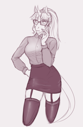 Size: 2129x3271 | Tagged: safe, artist:askbubblelee, oc, oc only, oc:rosie quartz, species:anthro, species:pony, species:unicorn, adorasexy, anthro oc, big breasts, breasts, clothing, curved horn, curvy, cute, female, garter belt, glasses, hand on cheek, hand on hip, horn, hot for teacher, leonine tail, mare, meganekko, miniskirt, monochrome, ocbetes, ponytail, sexy, simple background, sketch, skirt, solo, teacher, thighs, what if, white background, wide hips, zettai ryouiki