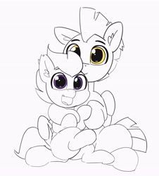 Size: 3520x3892 | Tagged: safe, artist:pabbley, character:rumble, character:thunderlane, species:pegasus, species:pony, brothers, colt, duo, ear fluff, happy, looking at you, male, monochrome, neo noir, open mouth, partial color, siblings, simple background, sitting, smiling, stallion, white background
