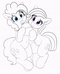 Size: 3306x4096 | Tagged: safe, artist:pabbley, character:marble pie, character:pinkie pie, species:earth pony, species:pony, belly button, duo, ear fluff, female, mare, monochrome, neo noir, open mouth, partial color, pie sisters, siblings, sisters, smiling