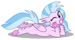 Size: 3687x1983 | Tagged: safe, artist:aleximusprime, character:silverstream, species:hippogriff, cute, diastreamies, female, flirty, looking at you, lying down, one eye closed, one eye open, pose, solo, wink