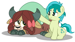 Size: 4362x2452 | Tagged: safe, artist:aleximusprime, character:sandbar, character:yona, species:earth pony, species:pony, species:yak, ship:yonabar, comforting, couple, cute, dawwww, female, male, pair, patting, sandabetes, shipping, straight, yonadorable