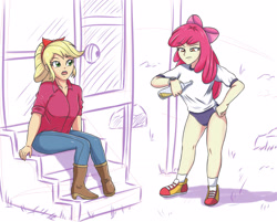 Size: 2834x2282 | Tagged: safe, artist:sumin6301, character:apple bloom, character:applejack, my little pony:equestria girls, apple bloom's bow, apple sisters, bow, clothing, drink, female, hair bow, pants, shirt, shoes, siblings, sisters, sneakers, waiting
