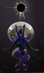 Size: 737x1219 | Tagged: safe, artist:silfoe, character:nightmare moon, character:princess luna, species:alicorn, species:pony, alternate universe, cropped, eclipse, female, flying, mare, moonsetmlp, solar eclipse