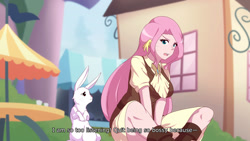 Size: 1280x721 | Tagged: safe, artist:jonfawkes, character:angel bunny, character:fluttershy, species:human, species:rabbit, episode:she talks to angel, g4, my little pony: friendship is magic, animal, anime, body swap, clothing, female, humanized, scene interpretation, subtitles, wing ears