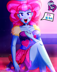Size: 920x1160 | Tagged: safe, artist:the-butch-x, character:kiwi lollipop, equestria girls:sunset's backstage pass, g4, my little pony: equestria girls, my little pony:equestria girls, spoiler:eqg series (season 2), breasts, busty kiwi lollipop, butch's hello, cleavage, cute, equestria girls logo, female, heart, hello x, k-lo, kiwi lollipop, legs, looking at you, open mouth, schrödinger's pantsu, solo, thighs