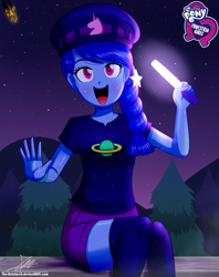 Size: 920x1160 | Tagged: safe, artist:the-butch-x, g4, my little pony: equestria girls, my little pony:equestria girls, spoiler:eqg series (season 2), butch's hello, clothing, cute, equestria girls logo, female, glowstick, happy, hat, hello x, looking at you, meteor, meteor shower, night, not luna, open mouth, shorts, signature, sitting, smiling, space camp (character), tree, waving