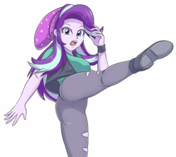 Size: 2500x2235 | Tagged: safe, artist:sumin6301, character:starlight glimmer, equestria girls:mirror magic, g4, my little pony: equestria girls, my little pony:equestria girls, spoiler:eqg specials, ass, beanie, butt, clothing, female, glimmer glutes, hat, high res, kick, kicking, martial arts, simple background, solo, vest, white background