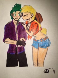 Size: 774x1033 | Tagged: safe, artist:johnjoseco, character:applejack, character:spike, species:human, ship:applespike, blushing, booty shorts, clothing, cowboy hat, cute, female, gloves, hat, human applespike, human spike, humanized, male, shipping, straight