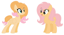 Size: 768x420 | Tagged: safe, artist:lavender-doodles, artist:nightcorecat123, artist:selenaede, base used, oc, oc only, parent:big macintosh, parent:fluttershy, parents:fluttermac, species:pegasus, species:pony, duo, eye clipping through hair, female, mare, offspring, siblings, simple background, sisters, white background