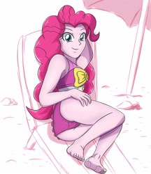 Size: 1968x2283 | Tagged: safe, artist:sumin6301, character:pinkie pie, my little pony:equestria girls, barefoot, beach, beach chair, clothing, feet, female, looking at you, one-piece swimsuit, sand, smiling, solo, swimsuit