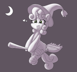 Size: 3616x3363 | Tagged: safe, artist:pabbley, character:sweetie belle, species:pony, bell, broom, clothing, cute, diasweetes, female, flying, flying broomstick, halloween, happy, hat, heart, holiday, open mouth, socks, solo, witch, witch hat