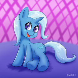 Size: 1000x1000 | Tagged: safe, artist:empyu, character:trixie, species:pony, species:unicorn, :d, cute, dawwww, diatrixes, female, looking at you, mare, sitting, smiling, solo