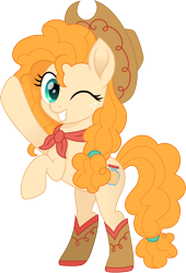 Size: 1020x1500 | Tagged: safe, artist:cloudyglow, character:pear butter, species:earth pony, species:pony, beautiful, boots, clothing, cowboy boots, cowboy hat, cowgirl, cute, digital art, female, hat, mare, movie accurate, one eye closed, pearabetes, rearing, shoes, simple background, smiling, solo, stetson, transparent background, vector, wink
