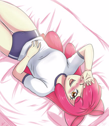 Size: 1968x2283 | Tagged: safe, artist:sumin6301, character:apple bloom, my little pony:equestria girls, bed, blushing, breasts, busty apple bloom, female, older, older apple bloom, one eye closed, open mouth, solo, sports shorts, thighs