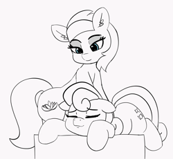 Size: 1924x1769 | Tagged: safe, artist:pabbley, character:aloe, character:bon bon, character:sweetie drops, species:earth pony, species:pony, cute, ear fluff, eyes closed, floppy ears, happy, lidded eyes, lying down, massage, monochrome, neo noir, partial color