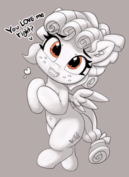 Size: 2280x3117 | Tagged: safe, artist:pabbley, character:cozy glow, species:pegasus, species:pony, belly button, cozybetes, cute, dialogue, ear fluff, female, filly, floating heart, gray background, heart, looking at you, mare, monochrome, neo noir, partial color, pure concentrated unfiltered evil of the utmost potency, pure unfiltered evil, simple background, smiling, solo