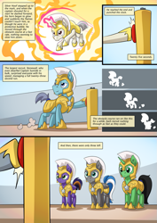 Size: 751x1063 | Tagged: safe, artist:mysticalpha, oc, oc only, oc:captain sunride, oc:cloud zapper, species:pegasus, species:pony, species:unicorn, comic:cloud zapper and the helm of chaos, comic, female, male, mare, stallion