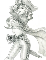 Size: 1000x1304 | Tagged: safe, artist:baron engel, character:sunset shimmer, species:human, my little pony:equestria girls, belly button, clothing, female, grayscale, hat, midriff, monochrome, open mouth, pants, pencil drawing, pirate, pirate costume, pirate hat, simple background, solo, sword, traditional art, weapon, white background