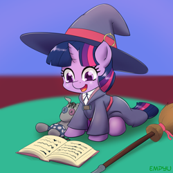 Size: 1000x1000 | Tagged: safe, artist:empyu, character:smarty pants, character:twilight sparkle, character:twilight sparkle (unicorn), species:pony, species:unicorn, anime, book, broom, clothing, cosplay, costume, crossover, cute, dawwww, female, filly, filly twilight sparkle, hat, little witch academia, oversized clothes, plushie, reading, smiling, solo, that pony sure does love books, toy, twiabetes, witch hat, younger