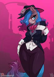 Size: 910x1300 | Tagged: safe, artist:atryl, oc, oc:fairy floss, species:anthro, species:earth pony, species:pony, anthro oc, clothing, commission, cravat, cuffs (clothes), digital art, female, flower, gloves, hair over one eye, hat, patreon, patreon logo, smiling, solo, suit, vest