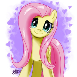 Size: 900x900 | Tagged: safe, artist:johnjoseco, character:fluttershy, species:pegasus, species:pony, abstract background, crying, female, happy, head tilt, looking at you, mare, smiling, solo, tears of joy