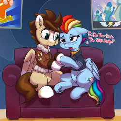 Size: 4084x4084 | Tagged: safe, artist:pabbley, character:rainbow dash, oc, oc:skittle, species:pegasus, species:pony, episode:the last problem, g4, my little pony: friendship is magic, belly button, canon x oc, clothing, coat, coat markings, couch, dialogue, female, hoof hold, male, mare, older, older rainbow dash, open mouth, shirt, sitting, skidash, socks (coat marking), stallion, underhoof