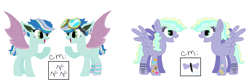 Size: 1528x504 | Tagged: safe, artist:bruisesandbuttercups, artist:selenaede, base used, oc, oc only, oc:flight fixer, oc:skye styles, parent:indigo zap, parent:night glider, parent:sky stinger, parent:vapor trail, parents:indiglider, parents:vaporsky, species:bat pony, species:pegasus, species:pony, icey-verse, amputee, artificial wings, augmented, bat pony oc, biohacking, clothing, cyborg, ear piercing, earring, female, goggles, jewelry, magical lesbian spawn, mare, multicolored hair, offspring, open mouth, piercing, prosthetic limb, prosthetic wing, prosthetics, raised hoof, scar, simple background, socks, striped socks, tattoo, white background, wings