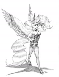 Size: 1100x1421 | Tagged: safe, artist:baron engel, character:princess celestia, species:alicorn, species:anthro, species:pony, species:unguligrade anthro, armpits, bow tie, breasts, bunny ears, bunny suit, bunnylestia, busty princess celestia, cleavage, clothing, colored hooves, cutie mark, female, gloves, grayscale, hoof shoes, leggings, leotard, mare, monochrome, pencil drawing, simple background, solo, spread wings, stupid sexy celestia, traditional art, white background, wings