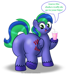 Size: 3158x3608 | Tagged: safe, artist:aleximusprime, oc, oc only, oc:felicity stars, species:pony, bottom heavy, butt, chubby, dialogue, fat, female, large butt, looking back, mare, milkshake, plot, simple background, solo, the ass was fat, transparent background, watermark