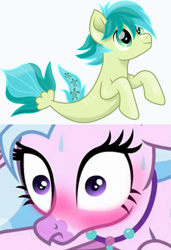 Size: 791x1155 | Tagged: safe, artist:cloudyglow, edit, edited screencap, screencap, character:sandbar, character:silverstream, species:classical hippogriff, species:hippogriff, species:seapony (g4), episode:uprooted, g4, my little pony: friendship is magic, blushing, blushing profusely, close-up, cute, female, implied sandstream, implied shipping, implied straight, jewelry, looking up, male, movie accurate, necklace, nervous, reaction, sandabetes, sandstream, seaponified, seapony sandbar, shipping, simple background, smiling, species swap, stare, straight, sweat, teenager, uh oh, unf, wide eyes