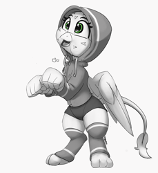 Size: 2067x2257 | Tagged: safe, artist:pabbley, character:gabby, species:griffon, bipedal, clothing, cute, female, gabbybetes, happy, hoodie, leg warmers, partial color, shorts, socks, solo