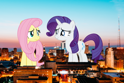 Size: 5605x3737 | Tagged: safe, artist:cloudyglow, character:fluttershy, character:rarity, species:pegasus, species:pony, species:unicorn, female, giant pony, giantess, highrise ponies, irl, macro, mare, milwaukee, photo, ponies in real life, wisconsin