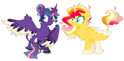 Size: 997x493 | Tagged: safe, artist:mamicifer, artist:selenaede, base used, character:sunset shimmer, character:twilight sparkle, character:twilight sparkle (alicorn), species:alicorn, species:classical unicorn, species:pony, species:unicorn, ship:sunsetsparkle, alicornified, alternate design, alternate universe, blushing, chest fluff, cloven hooves, coat markings, colored hooves, colored wings, colored wingtips, curved horn, ear fluff, eyebrows, eyebrows visible through hair, female, hair bun, hoof fluff, horn, leonine tail, lesbian, looking away, mare, race swap, shimmercorn, shipping, simple background, smiling, transparent background, unshorn fetlocks, wing fluff, wings