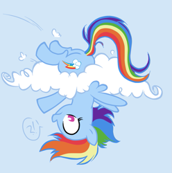 Size: 707x712 | Tagged: safe, artist:egophiliac, artist:mochi--pon, character:rainbow dash, species:pegasus, species:pony, cloud, colored sketch, cute, dashabetes, dialogue, exclamation point, female, interrobang, mare, no pupils, profile, question mark, sky, solo, speech bubble, upside down