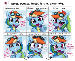 Size: 1600x1300 | Tagged: safe, artist:pabbley, character:rainbow dash, oc, oc:anon, species:human, species:pegasus, species:pony, blushing, clothing, comic, crying, cute, dashabetes, dialogue, doing loving things, ear scratch, exclamation point, female, frog (hoof), goggles, happy, human male, interrobang, looking at you, male, mare, meme, not doing hurtful things to your waifu, offscreen character, open mouth, petting, question, question mark, smiling, solo, tears of joy, underhoof, uniform, waifu, waifu chart, wonderbolt trainee uniform, wonderbolts uniform