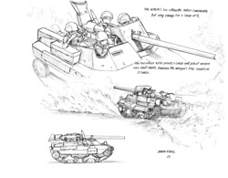 Size: 1400x1092 | Tagged: safe, artist:baron engel, species:pony, grayscale, monochrome, pencil drawing, roan rpg, simple background, tank (vehicle), tank destroyer, traditional art, white background