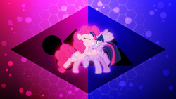 Size: 3840x2160 | Tagged: safe, artist:cloudyglow, artist:game-beatx14, character:pinkie pie, character:twilight sparkle, character:twilight sparkle (alicorn), species:alicorn, species:earth pony, species:pony, eyes closed, female, hug, mare, spread wings, wallpaper, wings