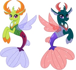 Size: 962x894 | Tagged: safe, artist:cloudyglow, editor:thomasfan45, character:pharynx, character:prince pharynx, character:thorax, species:changeling, species:reformed changeling, species:seapony (g4), changedling brothers, fin wings, fins, looking at you, male, mandibles, seaponified, seapony pharynx, seapony thorax, simple background, smiling, species swap, tail, vector, white background, wings