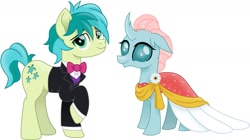 Size: 1427x800 | Tagged: safe, artist:cloudyglow, edit, editor:thomasfan45, character:ocellus, character:sandbar, species:changeling, species:earth pony, species:pony, species:reformed changeling, ship:ocelbar, beautiful, bow tie, clothing, cutie mark, dress, female, flower, formal dress, formal wear, handsome, male, movie accurate, shipping, simple background, straight, suit, tuxedo, vector, white background