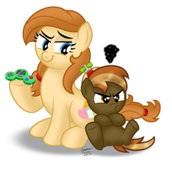Size: 899x889 | Tagged: safe, artist:aleximusprime, character:button mash, oc, oc:cream heart, species:earth pony, species:pony, angry, button's adventures, buttonbetes, clothing, cute, duo, duo male and female, female, hat, jananimations, joyboy, madorable, male, mother, mother and son, ococtober, propeller hat, son, video game