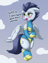 Size: 2482x3277 | Tagged: safe, artist:pabbley, character:soarin', species:pegasus, species:pony, blushing, clothing, cloud, crossdressing, cute, embarrassed, flying, implied spitfire, male, sky, sleeveless, soarinbetes, solo, stallion, text, uniform, wonderbolts, wonderbolts uniform