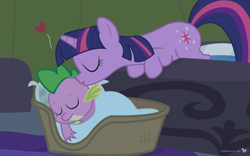Size: 1280x800 | Tagged: safe, artist:dm29, character:spike, character:twilight sparkle, species:dragon, species:pony, species:unicorn, bed, duo, eyes closed, female, golden oaks library, kiss on the cheek, kissing, male, mama twilight, mare, spikelove